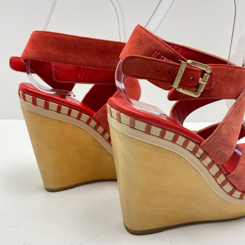 VC Signature | Lene Vince Camuto Red Leather Ankle Strap Block Wedge Sandals - Picture 7 of 12